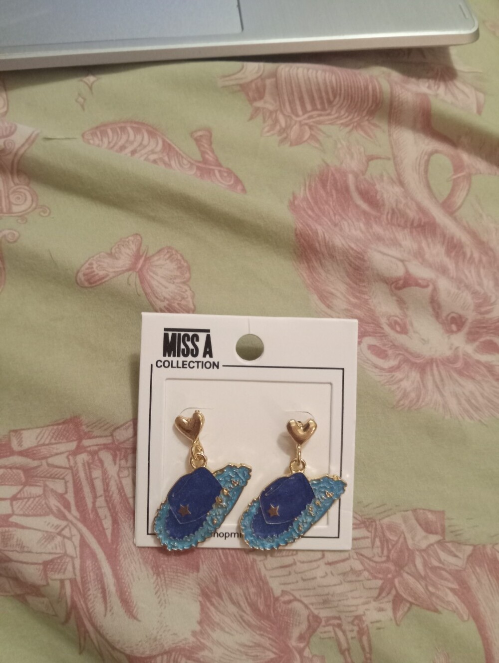 NWOT Women's Blue & Gold Rodeo Western Cowboy Hat Dangle Earrings